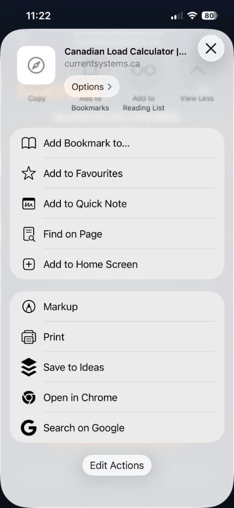 Safari Share menu on iPhone: choose Add to Home Screen for currentsystems.ca
