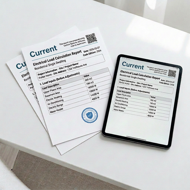 Professional electrical calculation reports for permits and records